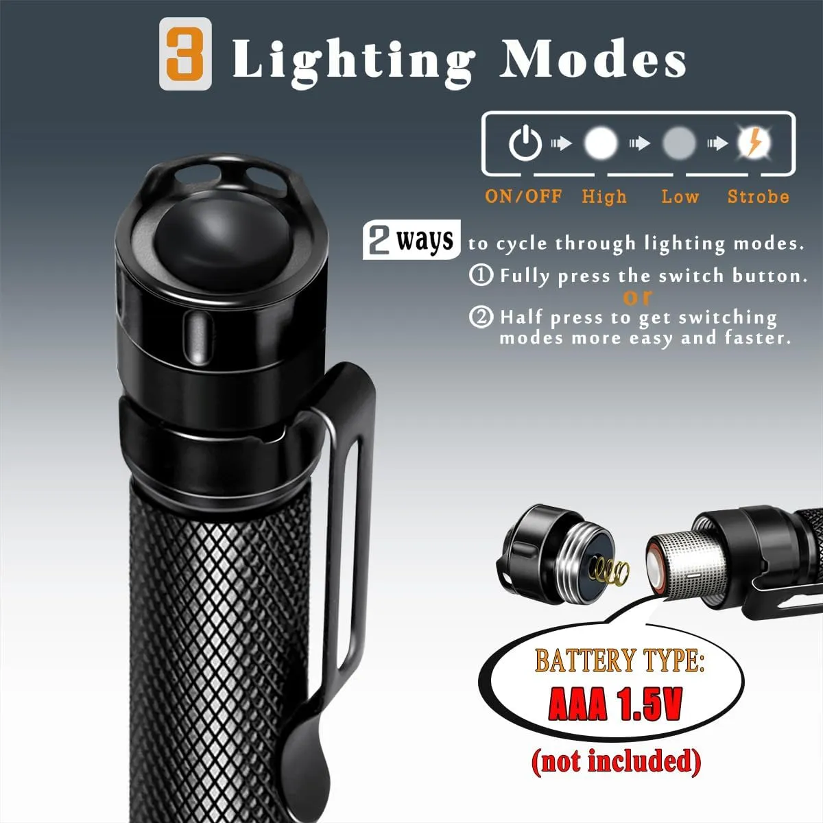 3 Modes Small Flashlights LED Powerful High Lumens Tactical Pen Light with Clip, Slim Portable Pocket Compact Torch for Emergency Inspection AAA Battery