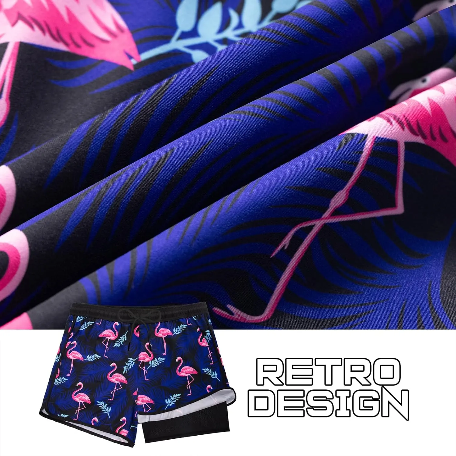 BRISIRA Mens Short Swim Trunks with Compression Liner Retro Vintage 8090s Bathing Suit Swim Board Shorts Swimwear Quick Dry