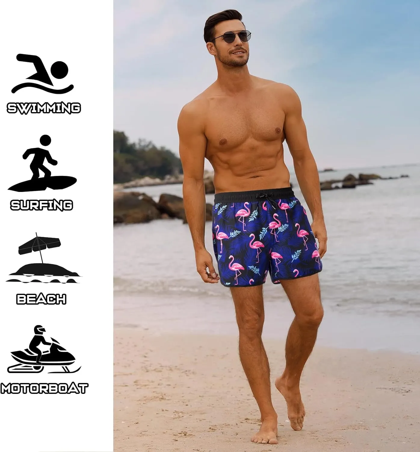 BRISIRA Mens Short Swim Trunks with Compression Liner Retro Vintage 8090s Bathing Suit Swim Board Shorts Swimwear Quick Dry