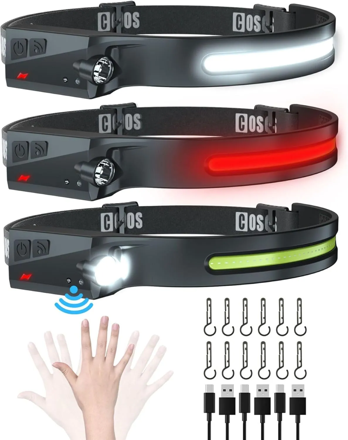 COSOOS Original Rechargeable Headlamps 3PCS, 1000 Lumen Bright LED Headlamp Flashlight, Red Light, 230 Wide Beam & Spot Light, Motion Sensor, 2.4oz Head Lamp with Clips for Hard Hat, Camping