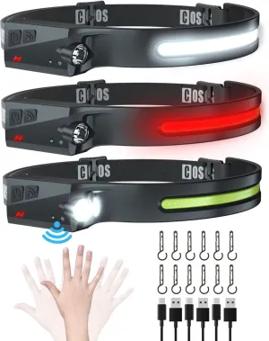 COSOOS Original Rechargeable Headlamps 3PCS, 1000 Lumen Bright LED Headlamp Flashlight, Red Light, 230 Wide Beam & Spot Light, Motion Sensor, 2.4oz Head Lamp with Clips for Hard Hat, Camping