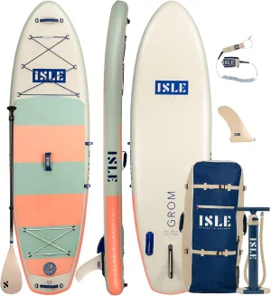 ISLE Grom Inflatable Stand Up Paddle Board for Children | Incl. Touring Center Fin, Backpack, Hand Pump, Paddle - Max 140 lbs. - Durable Stable Kid Paddle Board Child Size Sup