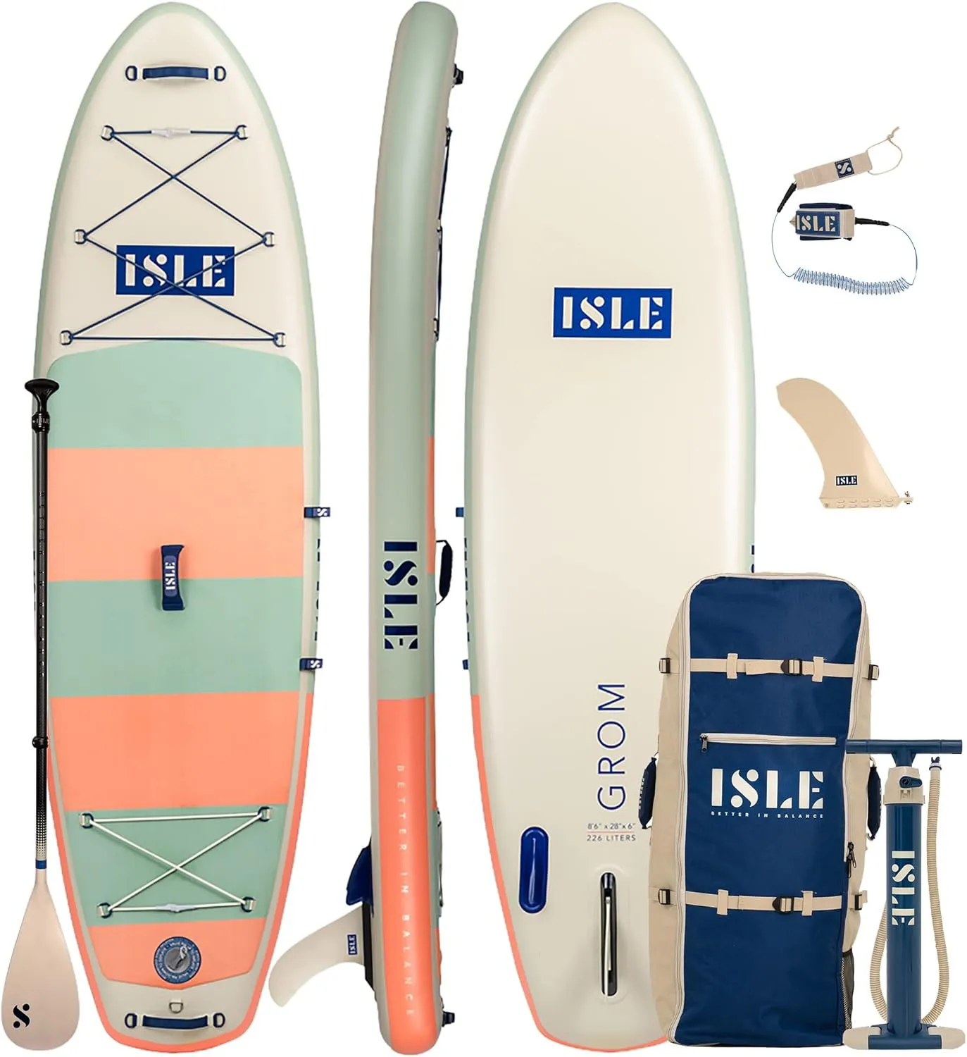 ISLE Grom Inflatable Stand Up Paddle Board for Children | Incl. Touring Center Fin, Backpack, Hand Pump, Paddle - Max 140 lbs. - Durable Stable Kid Paddle Board Child Size Sup