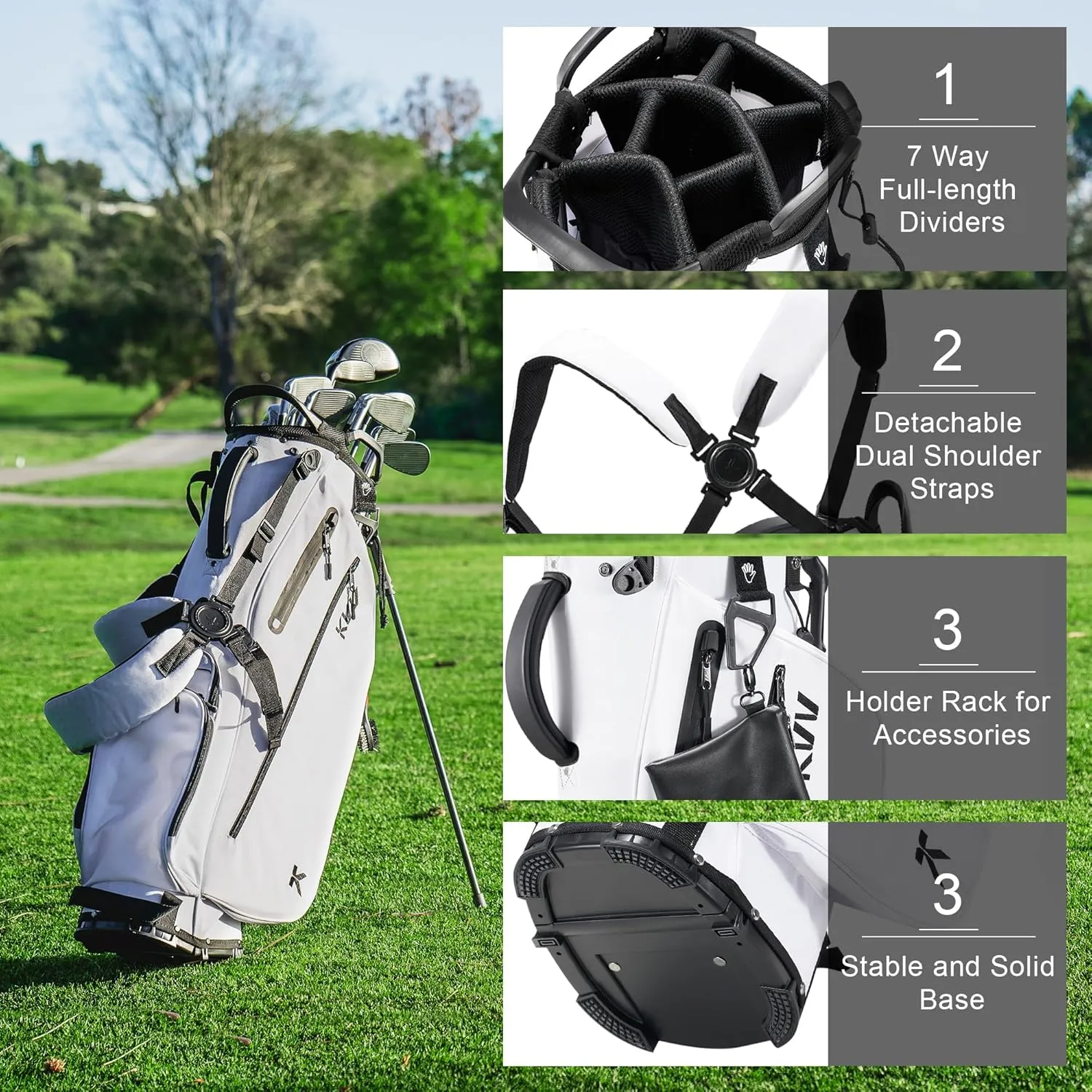 KVV Lightweight Golf Stand Bag with 7 Way Full-Length Dividers, 5 Zippered Pockets, Automatically Adjustable Dual StrapsElegant Design