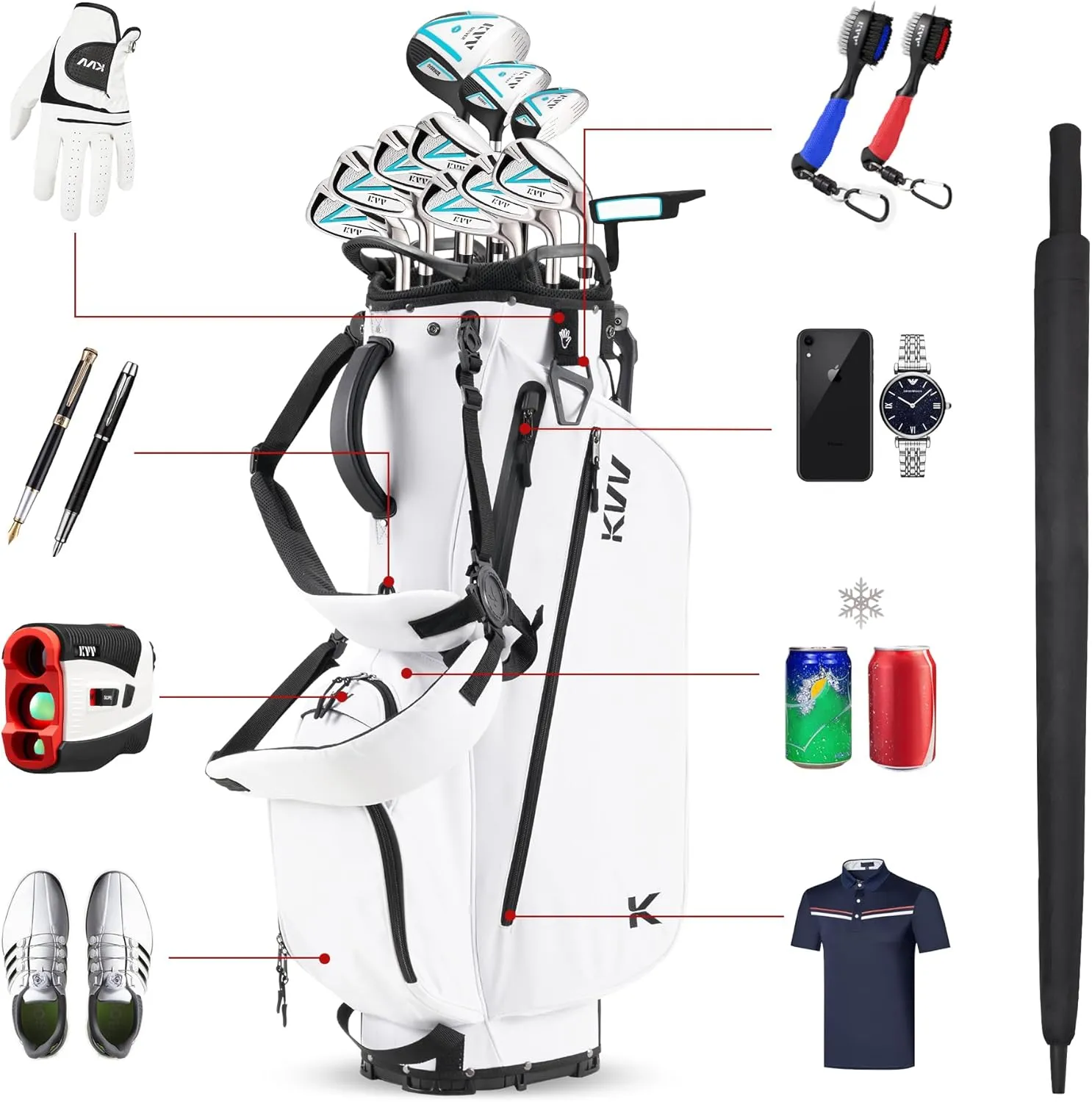 KVV Lightweight Golf Stand Bag with 7 Way Full-Length Dividers, 5 Zippered Pockets, Automatically Adjustable Dual StrapsElegant Design