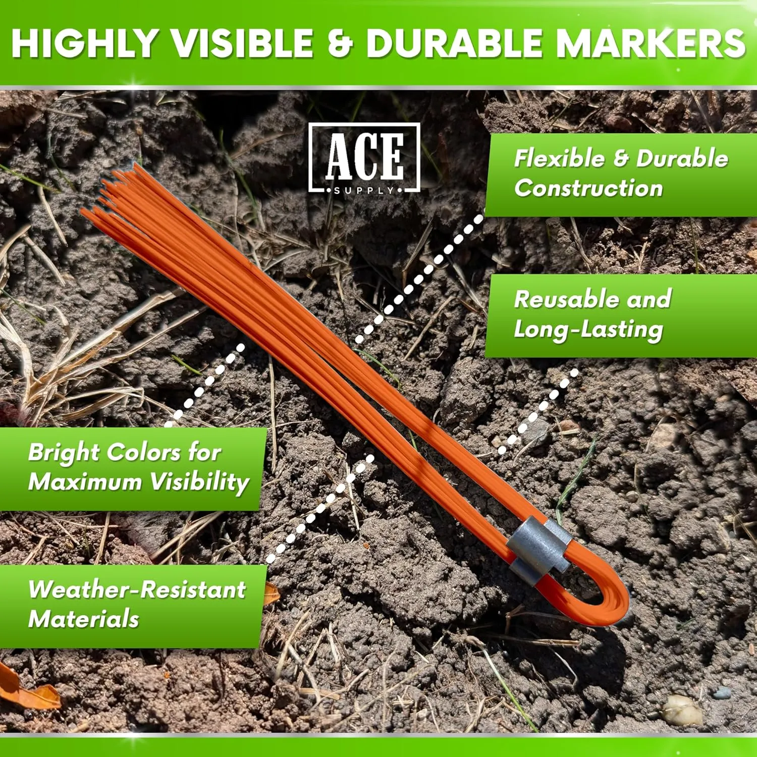 Orange Marking Whiskers with Stakes - Pack of 100 - Durable Marking Whisker Set - Use Survey Whiskers As Ground Markers, Construction Markers, Or Trail Markers