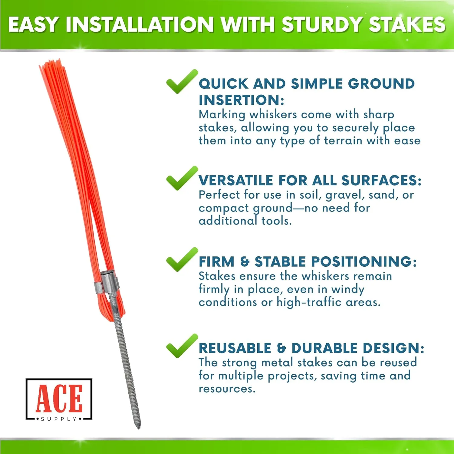 Orange Marking Whiskers with Stakes - Pack of 100 - Durable Marking Whisker Set - Use Survey Whiskers As Ground Markers, Construction Markers, Or Trail Markers