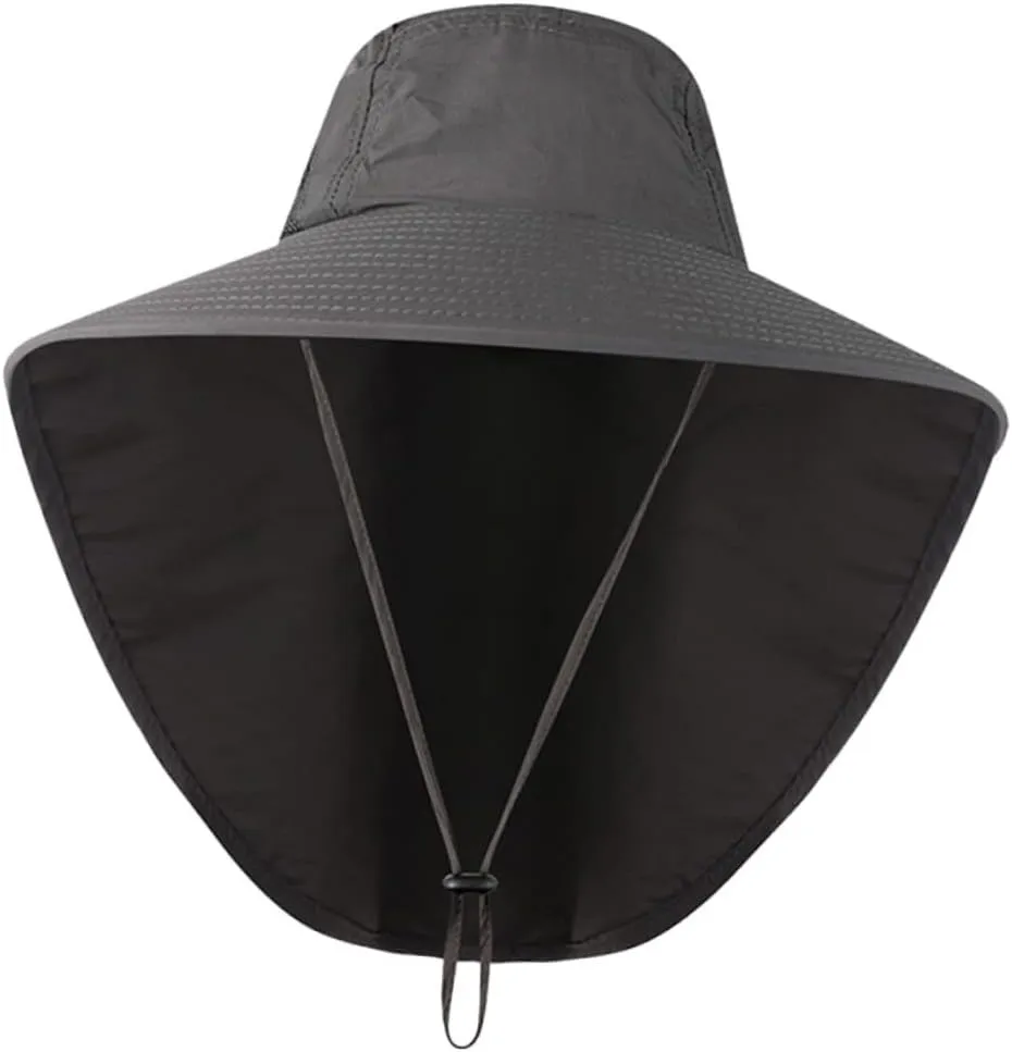 Outdoor Sun Hat with Earflaps Uv Neck Cover Wide Brim for Climbing and Fishing Dark Grey Lightweight Chinstrap Breathable Design for Men and Women