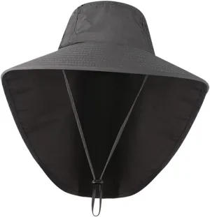 Outdoor Sun Hat with Earflaps Uv Neck Cover Wide Brim for Climbing and Fishing Dark Grey Lightweight Chinstrap Breathable Design for Men and Women