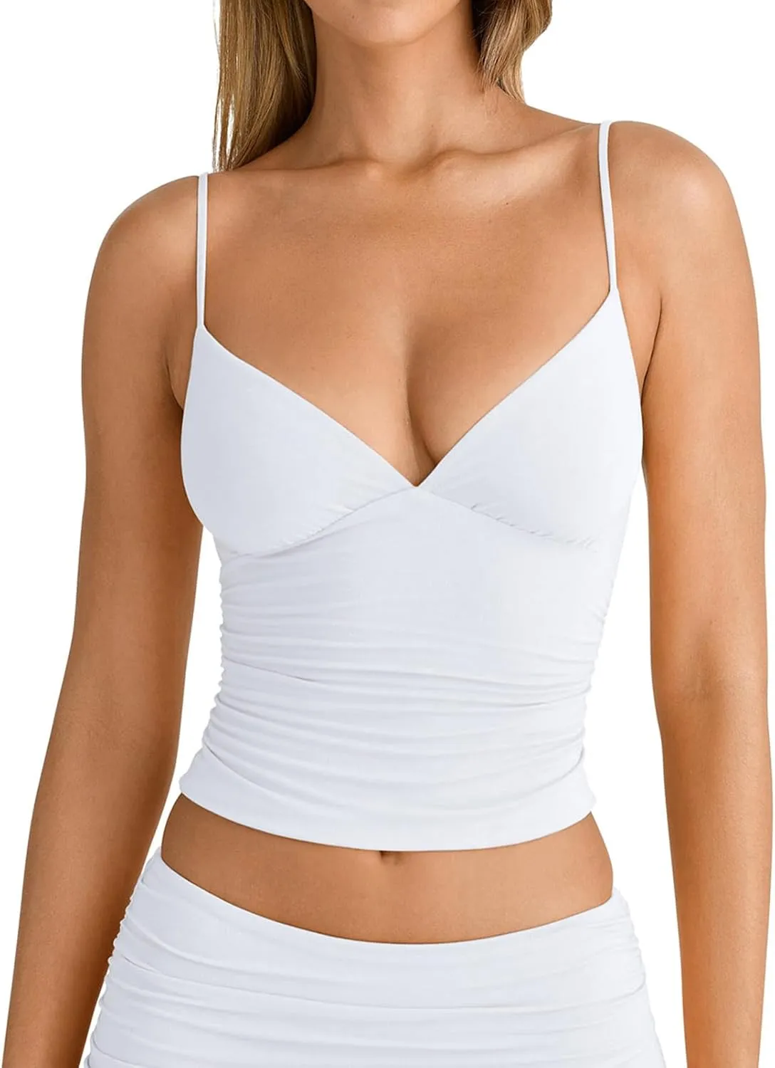 PINKMSTYLE Women's Sexy V Neck Ruched Cami Top Sleeveless Spaghetti Double Layer Fitted Crop Tank Tops