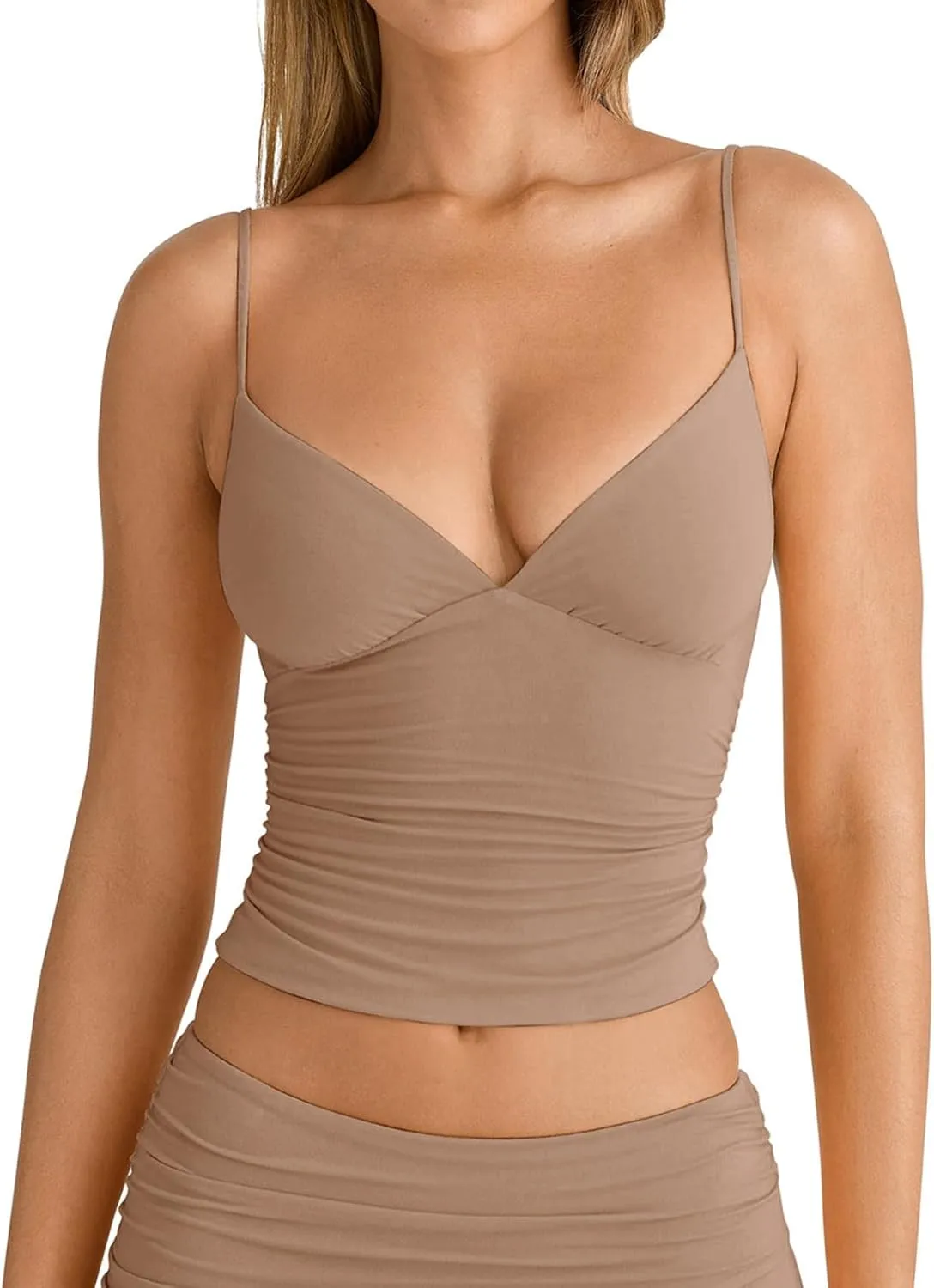 PINKMSTYLE Women's Sexy V Neck Ruched Cami Top Sleeveless Spaghetti Double Layer Fitted Crop Tank Tops
