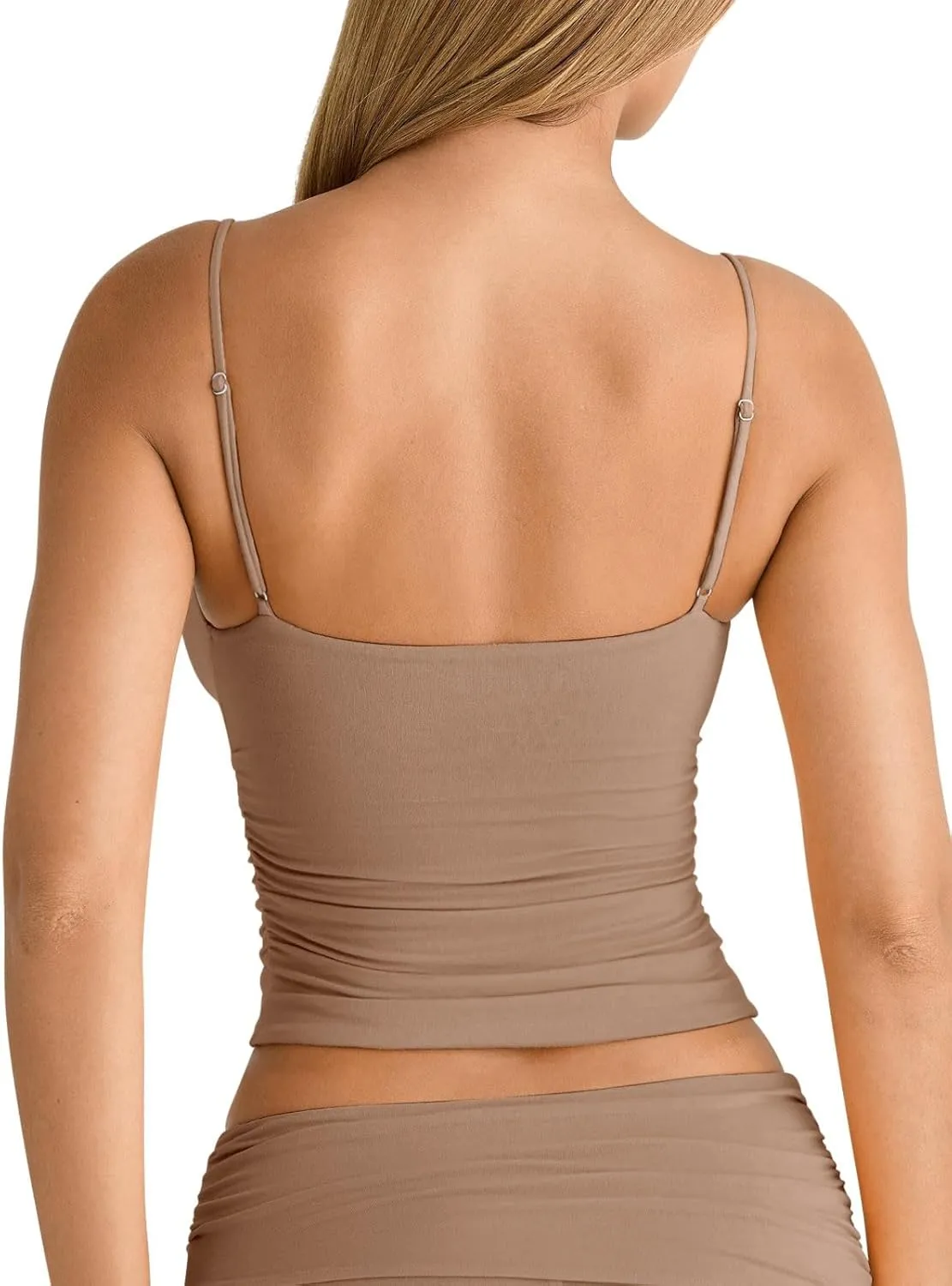 PINKMSTYLE Women's Sexy V Neck Ruched Cami Top Sleeveless Spaghetti Double Layer Fitted Crop Tank Tops