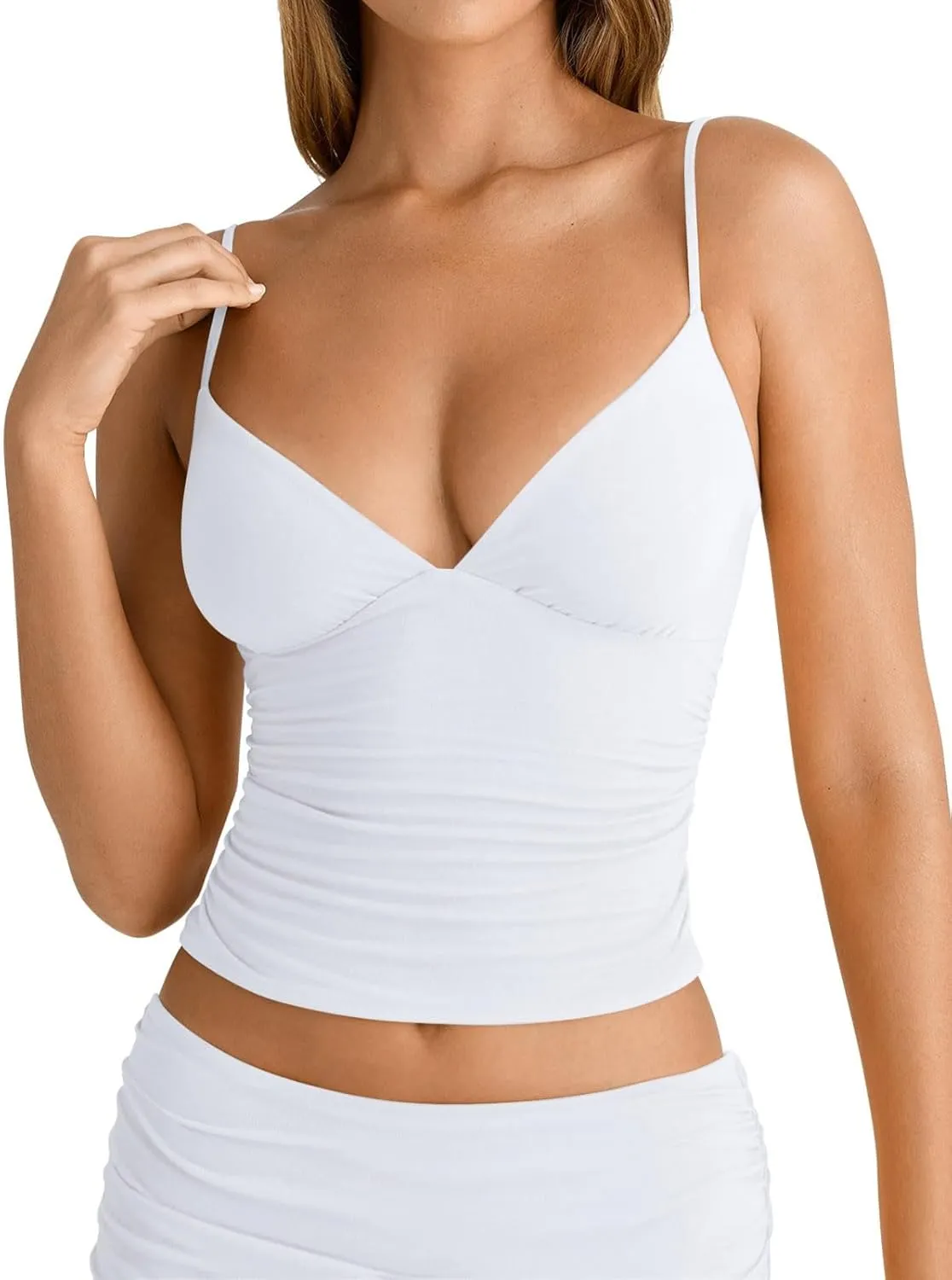 PINKMSTYLE Women's Sexy V Neck Ruched Cami Top Sleeveless Spaghetti Double Layer Fitted Crop Tank Tops
