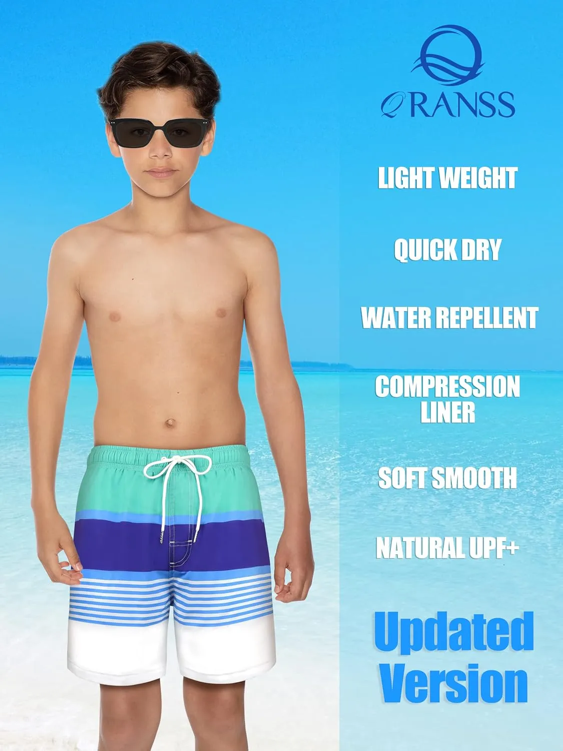 QRANSS Boys Swim Trunks with Compression Liner,No Mesh Anti-Chafing Comfy Swimming Trunks with Boxer Brief Liner,Size 6-20