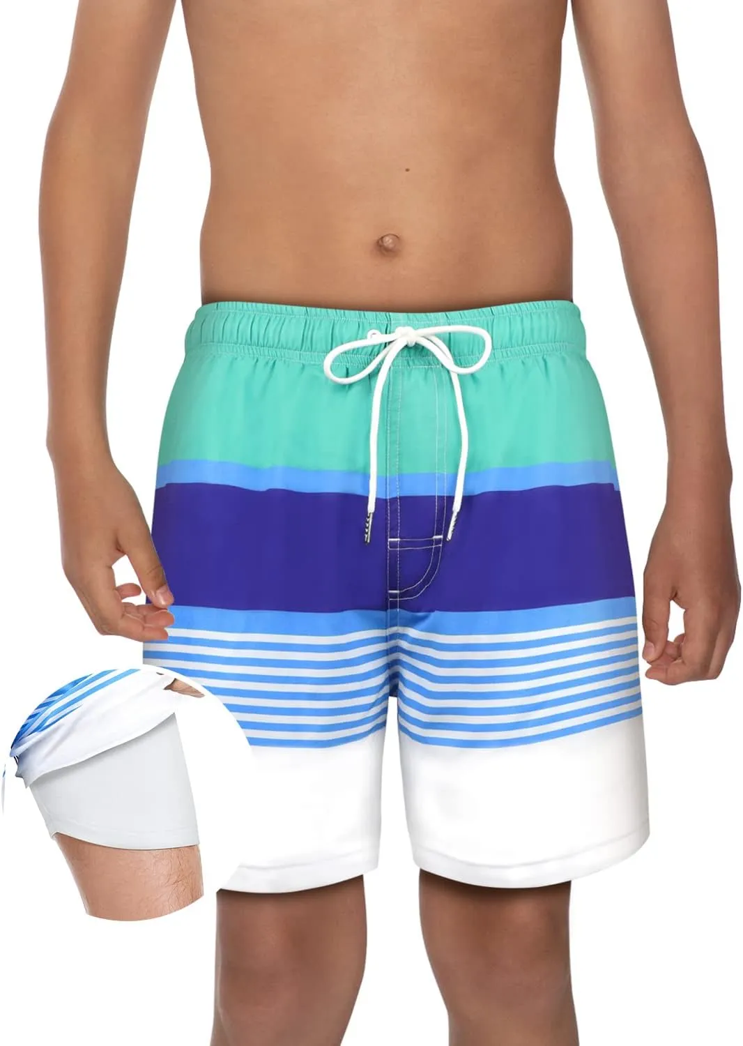 QRANSS Boys Swim Trunks with Compression Liner,No Mesh Anti-Chafing Comfy Swimming Trunks with Boxer Brief Liner,Size 6-20