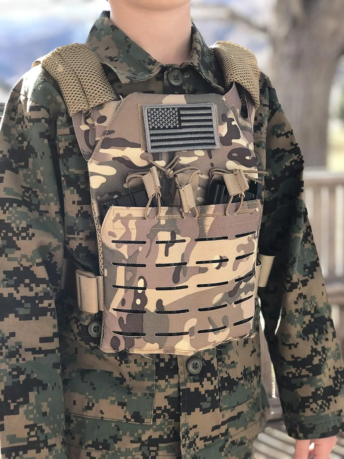 Redemption Tactical Cadet 2.0 Childrens Tactical Airsoft Paintball Kids Vest, US Flag Patch, Mil Spec Molle w/Mag Pouches