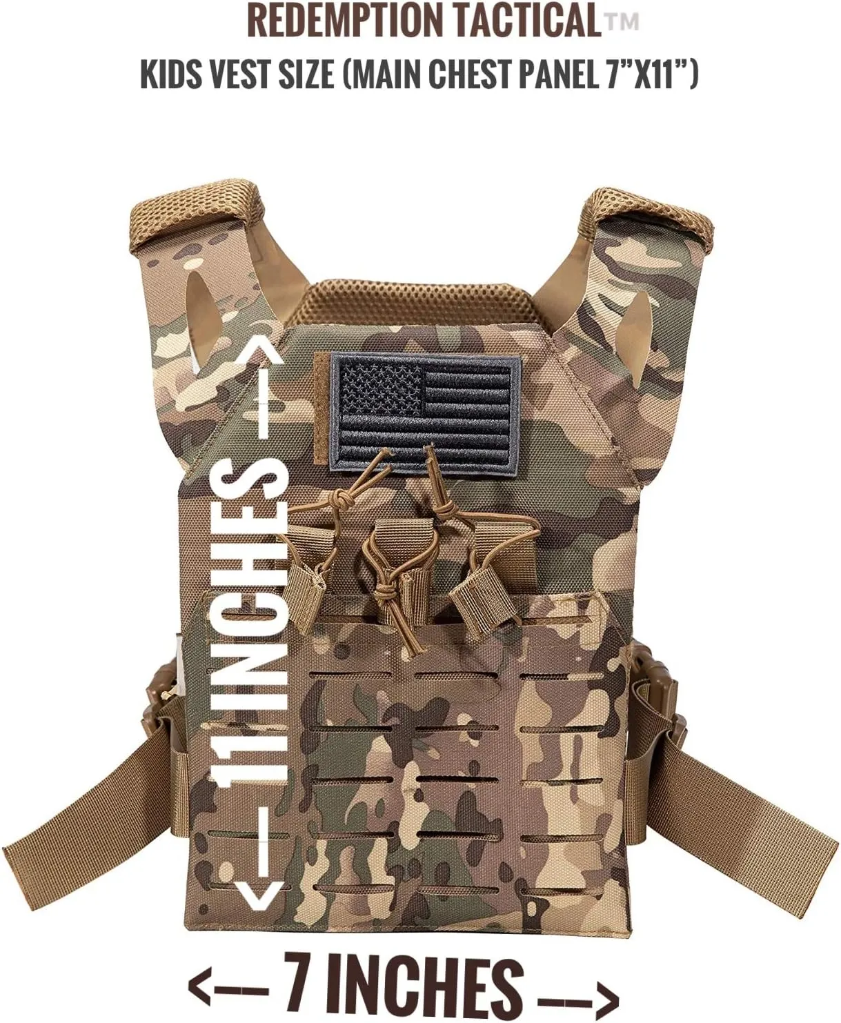 Redemption Tactical Cadet 2.0 Childrens Tactical Airsoft Paintball Kids Vest, US Flag Patch, Mil Spec Molle w/Mag Pouches