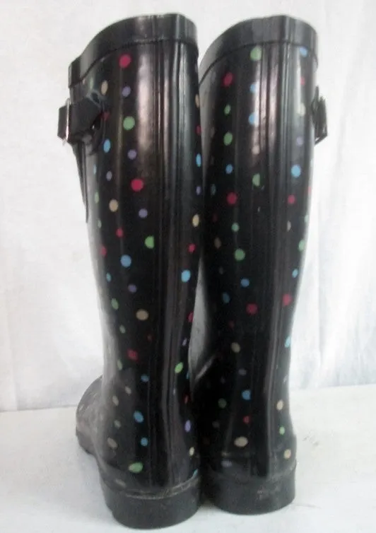 Womens MERONA Gumboots Wellies Rain Boots Rainboots Foul Weather BLACK DOT 8
